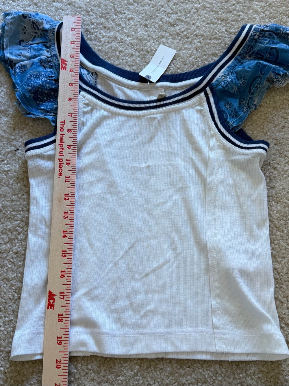 Anthropologie Pilcro White Ribbed Tank with Blue Floral Puff Sleeves Size S - Picture 9 of 10